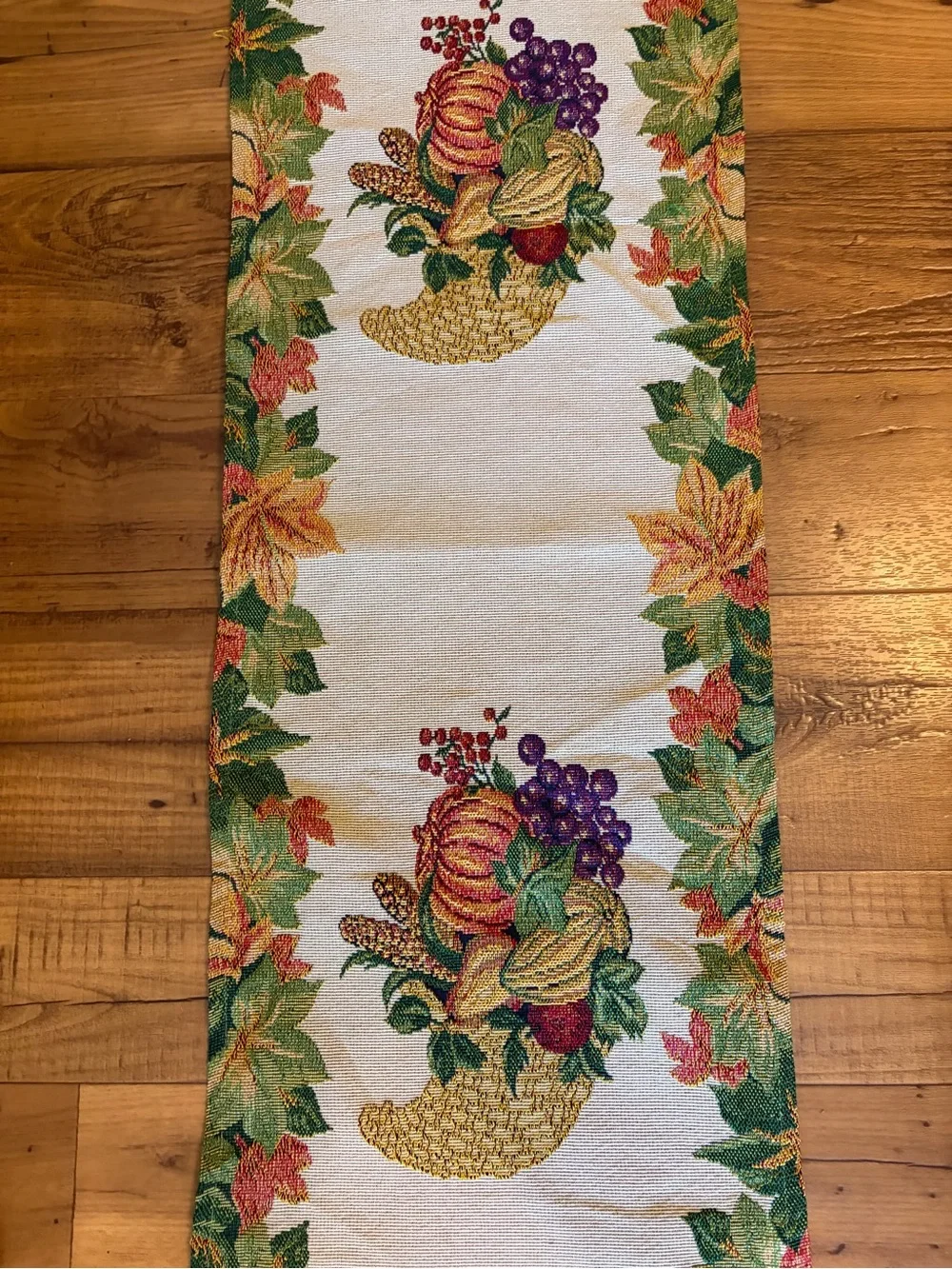 Harvest Cornucopia Tapestry Table Runner in Cream, Orange, Green 68x13 EUC
